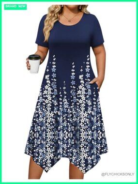 Plus Size Midi Dress for Women Short Sleeve Crewneck with Pockets Casual Summer